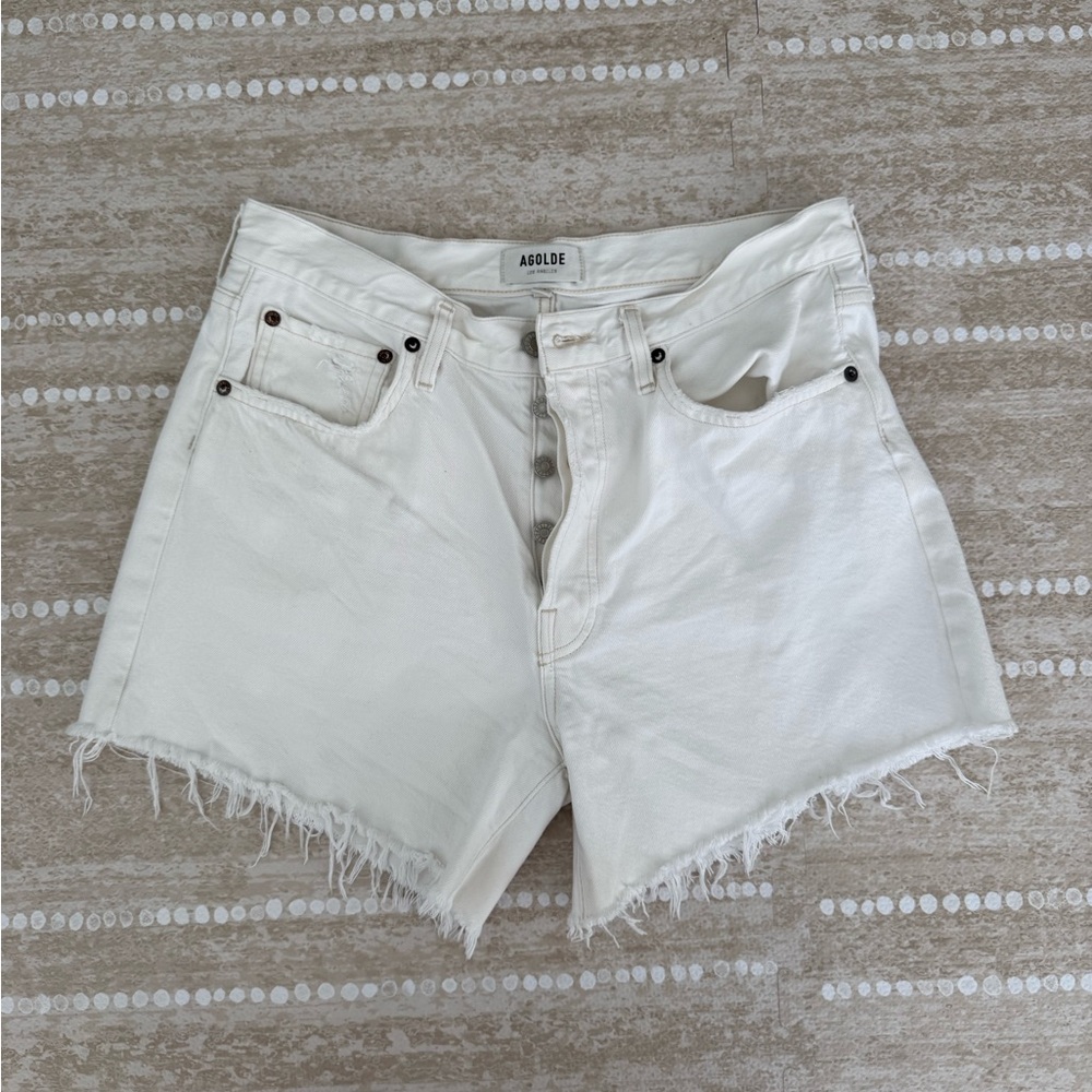 Agolde White Jean Shorts High-Waisted Frayed Hem